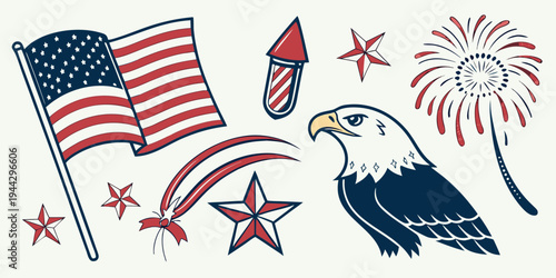 A collection of american flags and fireworks in a festive arrangement