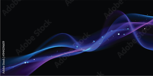 Smooth blue motion waves and purple smoke swirls create a flowing abstract design with light curves and energy lines on a black background illustration