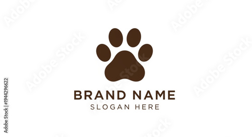 Minimalist brown paw print logo design with brand name and slogan on a white background.