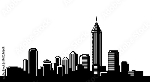 Modern City Skyline Silhouette at Dusk, Business District with Tall Skyscrapers