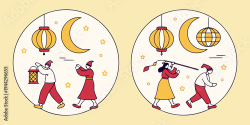 Two women dancing under the moon with musical instruments and stars in a circular pattern