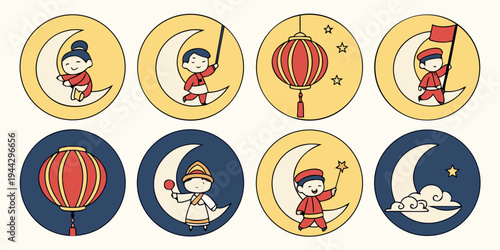 A collection of various colorful circular icons depicting different activities and objects