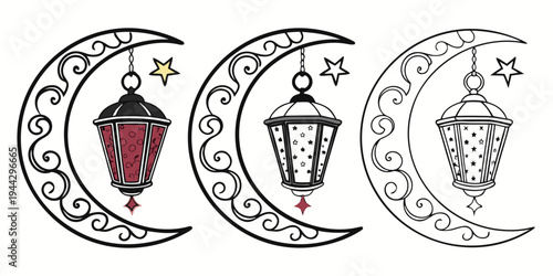 Three crescent moons with intricate designs and a goblet in the center of each