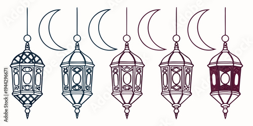A set of four intricately designed hanging lanterns with a middle eastern theme.
