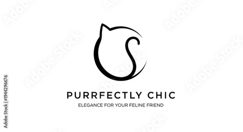Minimalist black and white logo design for 'Purrfectly Chic' with an elegant cat silhouette and tail forming a stylish 'S' shape, perfect for a pet brand.