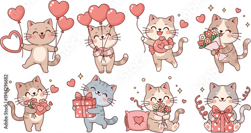 Cute romantic cat characters vector set with hearts, gifts, flowers and balloons perfect for Valentine love themed designs