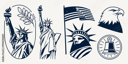 A collection of iconic american symbols including the statue of liberty, flag, and eagle