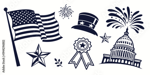 A collection of patriotic symbols including an american flag, stars, and a firework.
