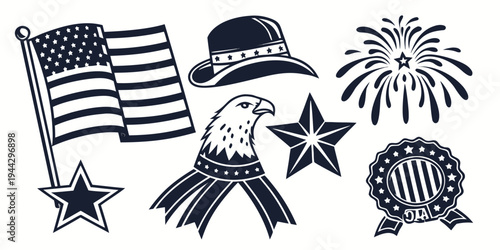 A collection of patriotic symbols including flags, stars, and a bald eagle.