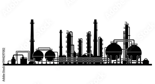 Industrial factory or power plant silhouette, oil refinery, chemical plant, manufacturing facility, energy production, industry concept, vector illustration isolated on white background.