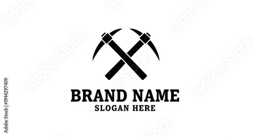 Crossed pickaxes logo design for mining, construction, or exploration companies, with space for brand name and slogan.