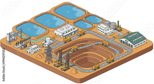 Isometric illustration of an open pit mine with industrial facilities and water treatment ponds.