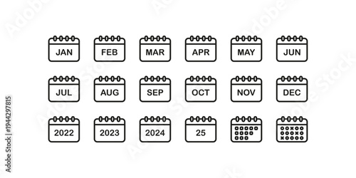 Calendar month and year icons set minimal line style