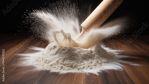 Dramatic Flour Explosion Caused by Wooden Rolling Pin on Dark Background