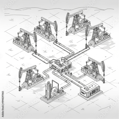 Isometric illustration of an oil field with multiple pumpjacks connected by pipelines to a central processing unit.
