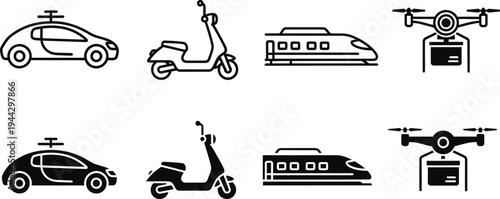 Editable outline icons collection of modern vehicles and drones