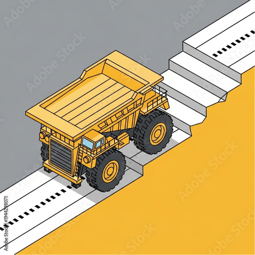 Heavy-duty mining truck ascending a challenging uphill road with steps, illustrating determination and overcoming obstacles in a quarry or construction site.