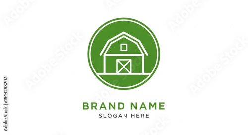 Minimalist green barn house logo design, perfect for agriculture, farm, and rural businesses, featuring a simple line art style within a circular frame.