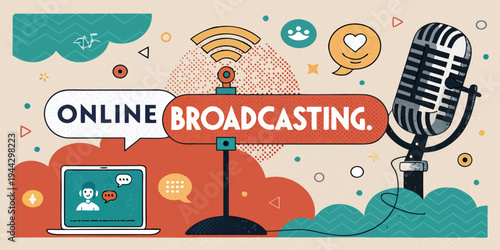 Online broadcasting poster in retro design featuring microphone and laptop for web banner