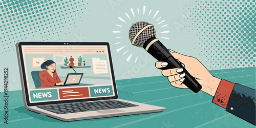 A hand holding microphone while working on a laptop to communicate a successful technology idea