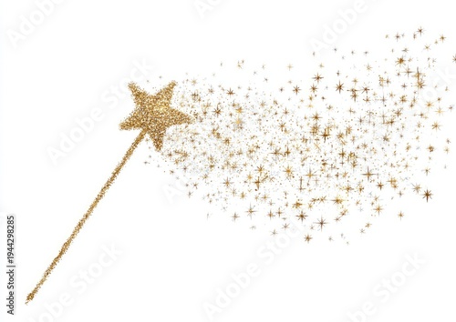 A gold glitter wand with star-shaped head and a trail of sparkling dust on white background