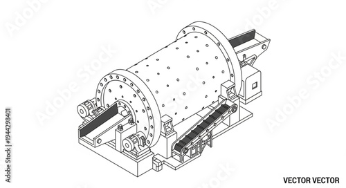 Industrial ball mill machine for grinding ore or other materials, isometric view in line art style.