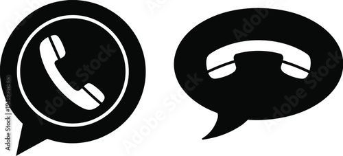 Black and white icon illustration of speech bubbles with telephone handsets, symbolizing phone calls, voice communication, messaging, and digital interface concepts