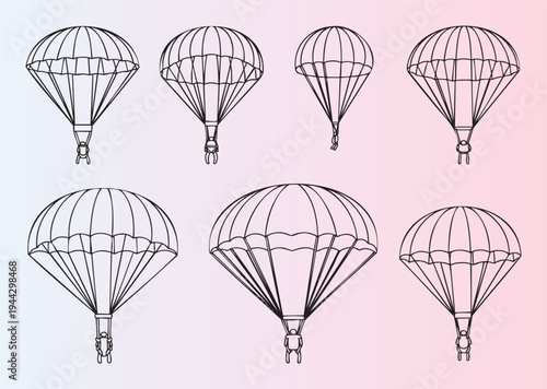 Illustration of parachutes and parachutists in various styles and shapes