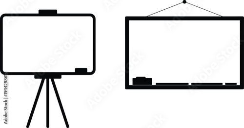 Black and white illustration of tripod easel board and wall‑mounted whiteboard with markers, symbolizing education, presentations, teaching, and professional communication concepts