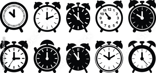 Black and white illustration of ten analog alarm clocks showing different times, ideal for time education, learning exercises, and decorative design concepts