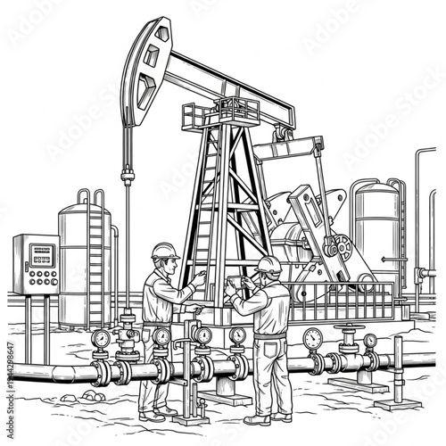 Oil pump jack and workers at an oil field, black and white illustration.