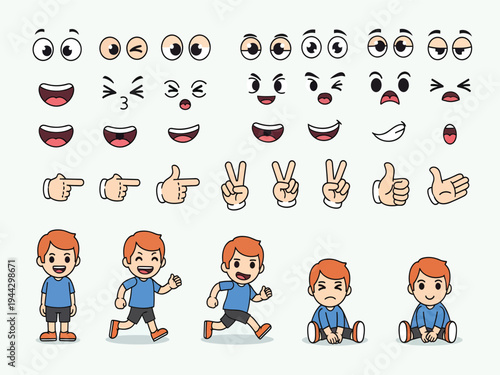 Cartoon Boy Character Creator Vector Set with Various Facial Expressions, Mouths, Eyes, and Hand Gestures for Animation and Design Projects