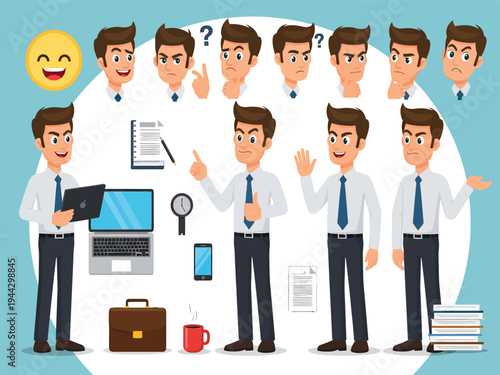 Businessman Character Vector Set with Multiple Poses, Hand Gestures, and Facial Expressions for Business, Office, and Technology Concepts