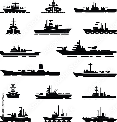 Naval ship icons: various types of military vessels and boats with icon set with aircraft carrier