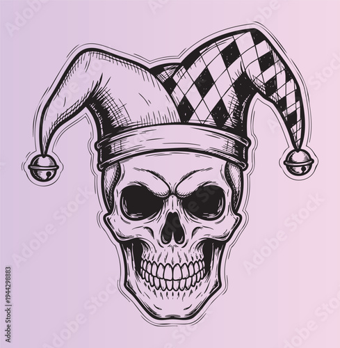 Skullwearingajestershatwithcheckeredpatternisolatedillustration