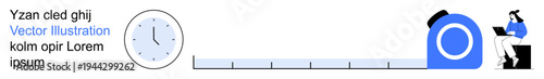 Time tracking, productivity tools, task planning, efficient workflows, workplace management, time measurement. Clock illustration and person working on a laptop. Time tracking and productivity tools