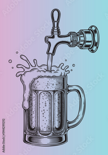 Vintagestyle beer tap filling a frothy mug illustration