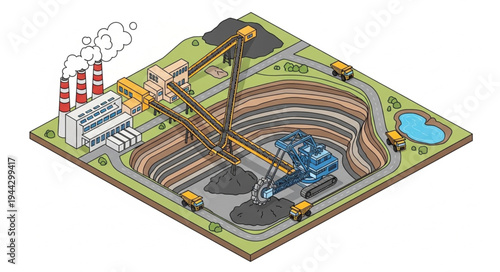 Isometric Illustration of an Open-Pit Coal Mine with Heavy Machinery and a Power Plant.