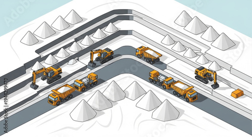 Isometric winter road construction with excavators and dump trucks working on a snowy landscape.