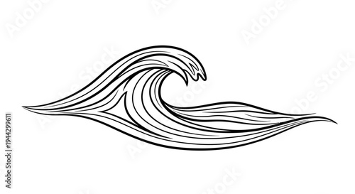 A stylized, black and white illustration of a breaking ocean wave with flowing lines.
