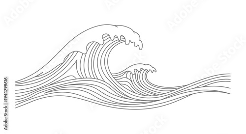 Stylized illustration of powerful ocean waves with intricate linear patterns, depicting a dynamic seascape.