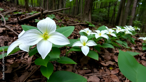 Wild Trillium In The Forest.  Trillium line the forest floor of a Great Lakes coastal habitat. Trillium are the official wildflower of Ontario and Ohio. Certain types are considered endangered.
