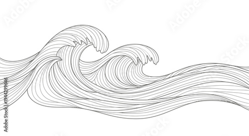 Stylized black and white illustration of two large ocean waves with intricate linear patterns, creating a sense of movement and depth.