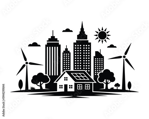Illustration depicting a sustainable city skyline with wind turbines and solar panels powering buildings and homes