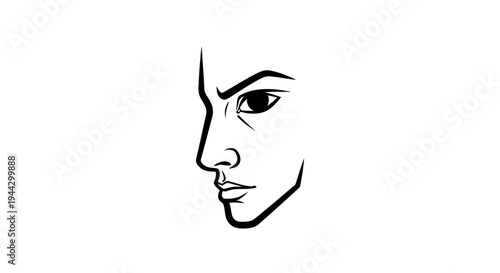 Man's Face Profile Line Art Drawing, Intense Gaze, Sharp Features, Black and White