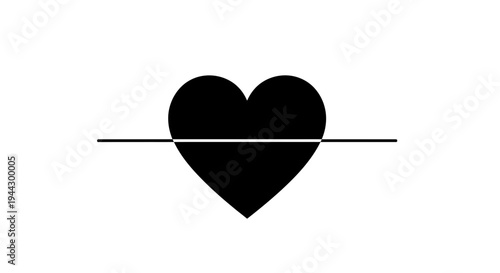 Minimalist Black Heart Divided by Horizontal Line, Symbolizing Division or Balance