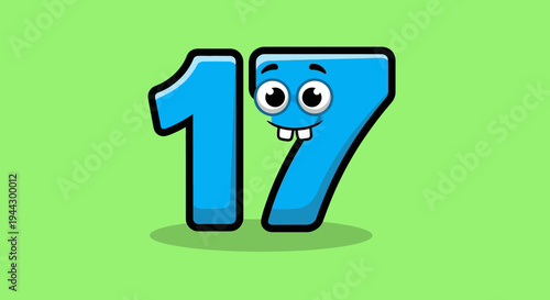 Cute Blue Number 17 Character with Googly Eyes and Buck Teeth