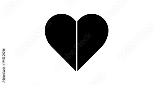 Minimalist Black Heart Divided in Half, Symbol of Love, Relationship, Unity, and Division