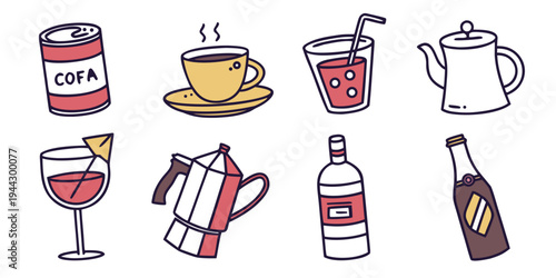 Assorted beverages including coffee, tea, wine, and beer with various drink containers