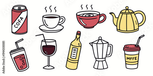 Assorted beverages and containers including coffee, tea, soda, and wine.